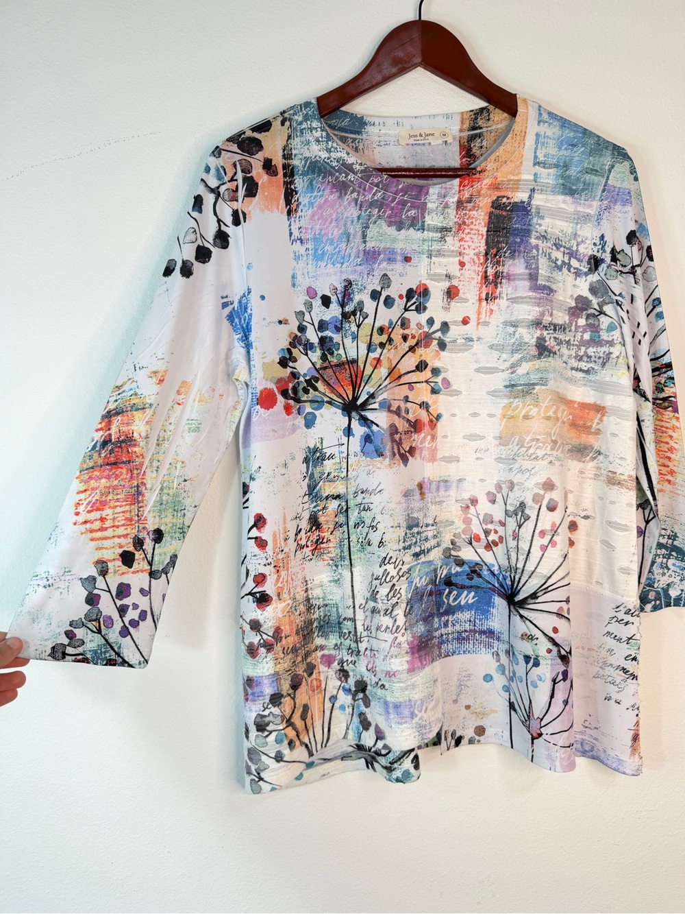 Jess & Jane Abstract Art To Wear Tunic Top Dandelion Script Colorful Boho Whimsy